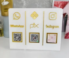 Display Placa 3 Em 1 Whatsapp Pix Instagram Qr Code Branco e Dourado